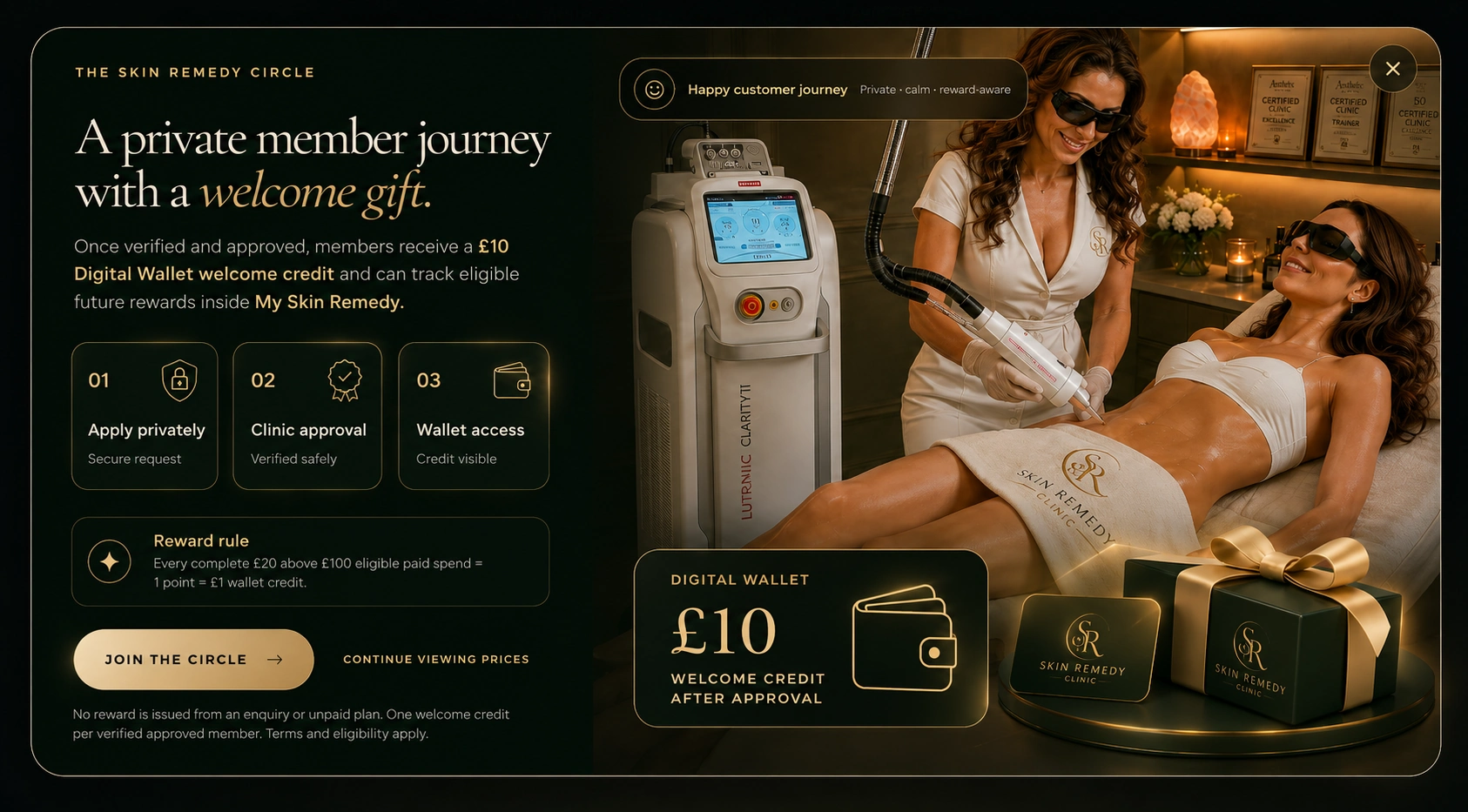 The Skin Remedy Circle private member journey with LUTRONIC Clarity II laser, happy customer, £10 digital wallet credit and luxury gift pack